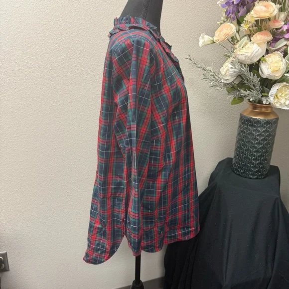 Talbots Plus Red Green Plaid Ruffle Neck Blouse XL Holiday Fall Winter Top - Picture 4 of 7